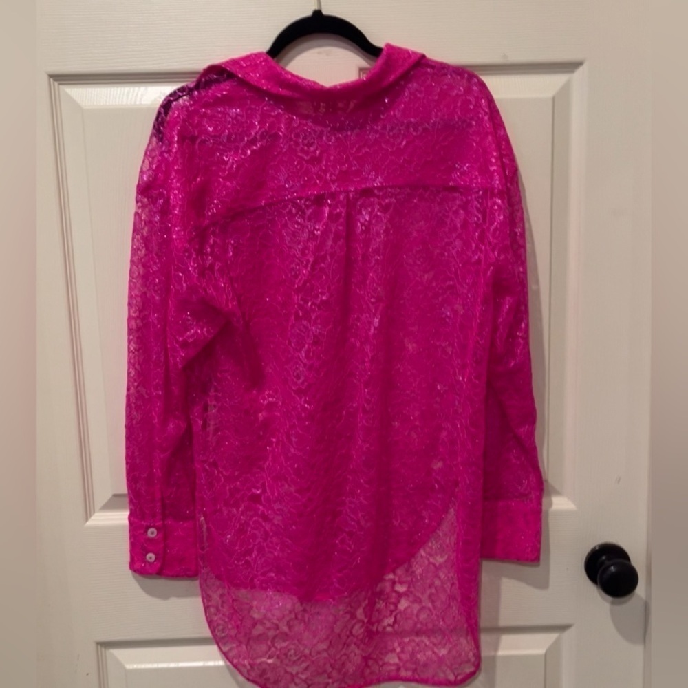Anthropology NWT metallic lace hot pink button down, small - Picture 5 of 7